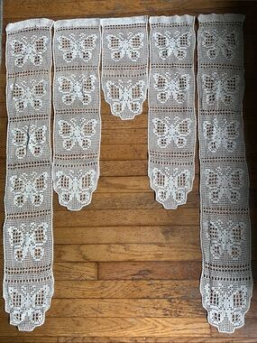 Handmade Ivory Crochet Butterfly Valance /Curtain set of 5 pieces.